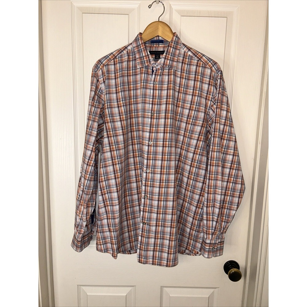 Banana Republic men's XL Shirt orange gray white plaid long sleeve - Picture 1 of 12